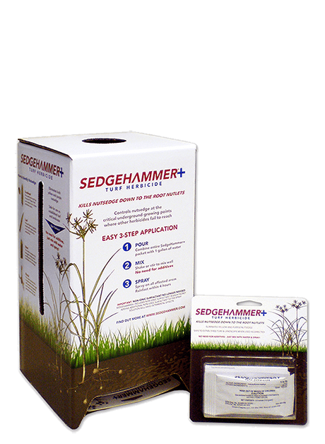 Sedgehammer Herbicide targeting nutsedge in residential lawns.
