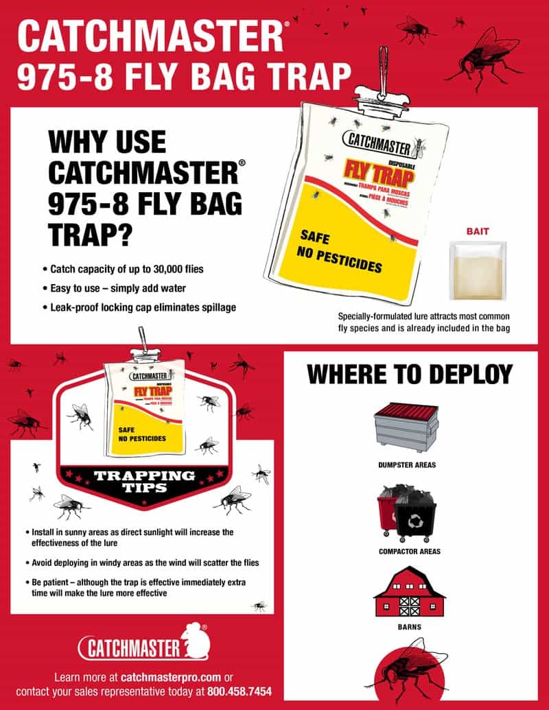 Catchmaster Fly Bag with field guide for effective fly trapping in outdoor settings.